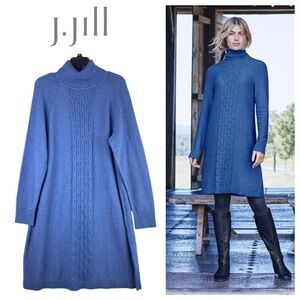 J Jill Turtleneck Sweater Dress Womens Sz Large 12 14 Blue Stretch Cable Knit